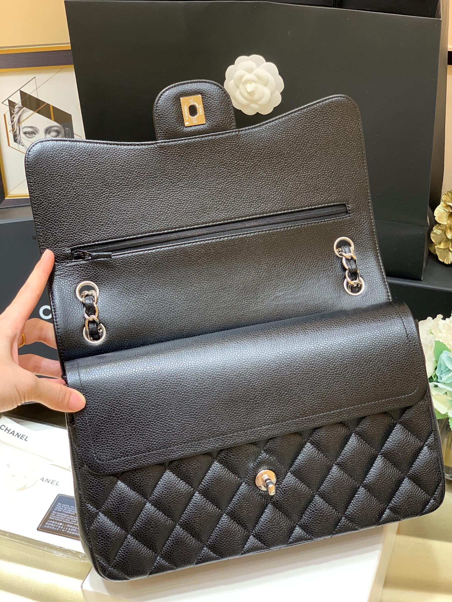 Ch@nel Flap Bag-Cavir Leather-Silver-30CM