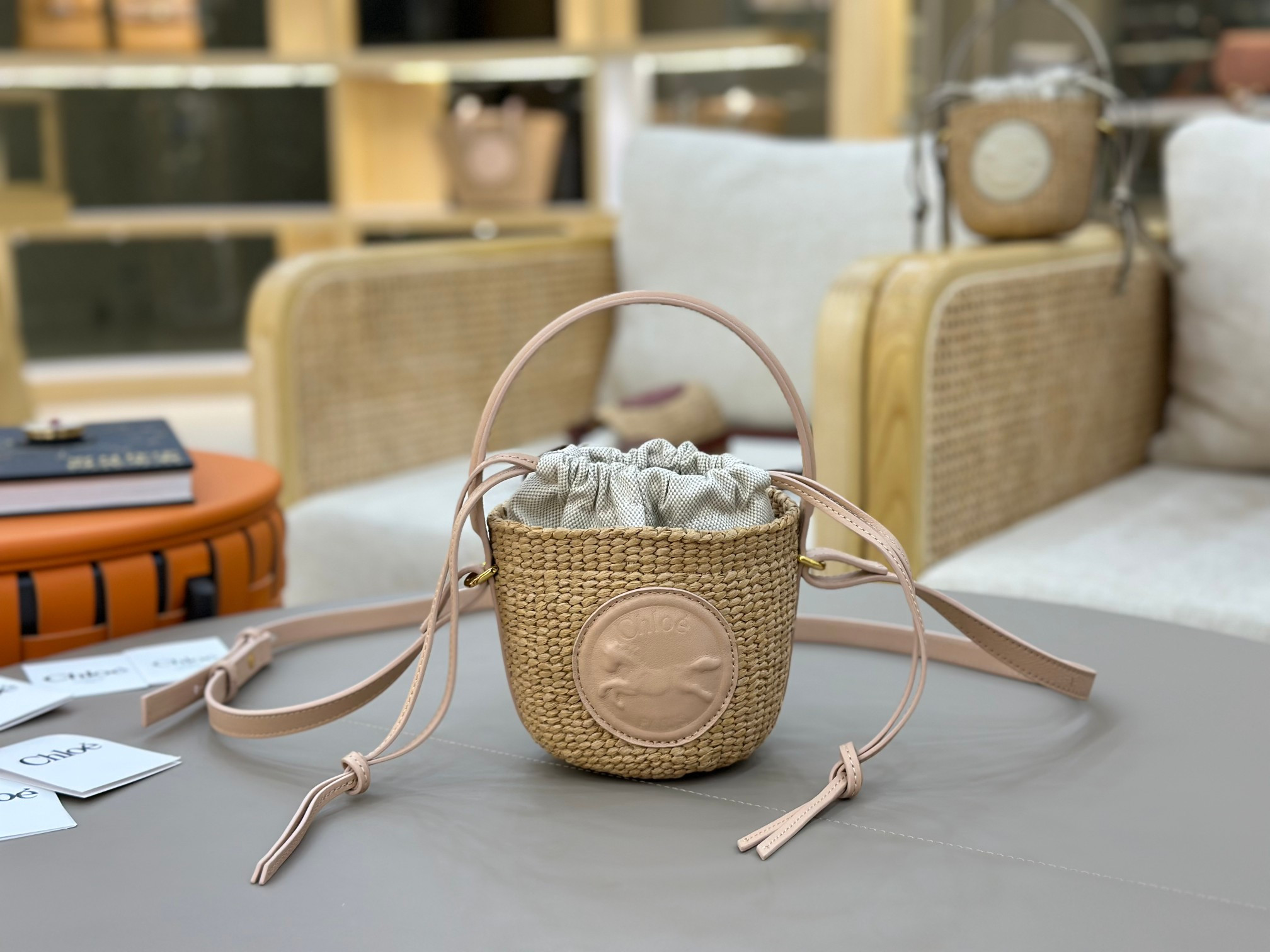 Chloé Mini Horse Medal Basket In Natural Fibers-14x12.5x14CM