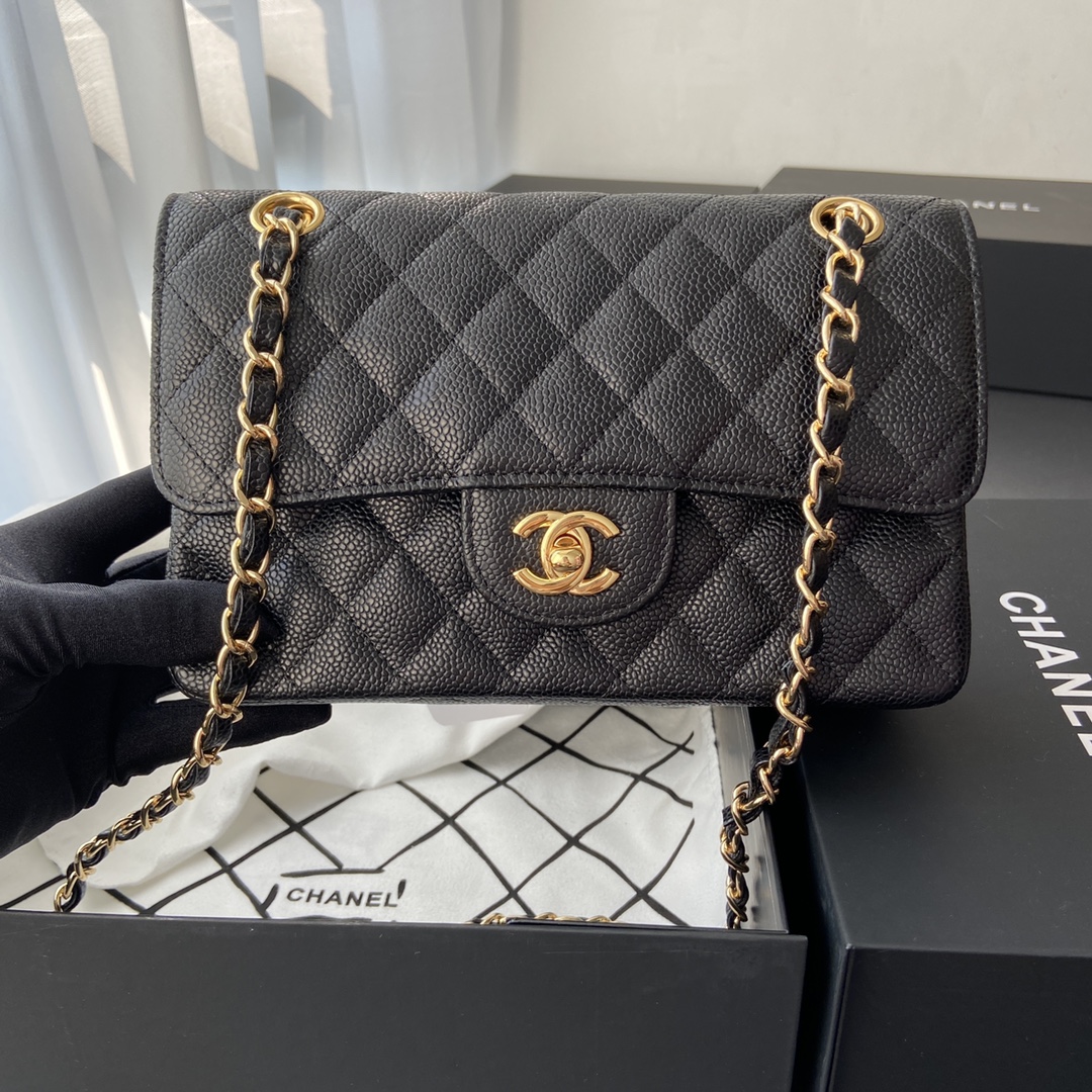 Ch@nel Flap Bag-(Burgundy Inside)Caviar-23CM