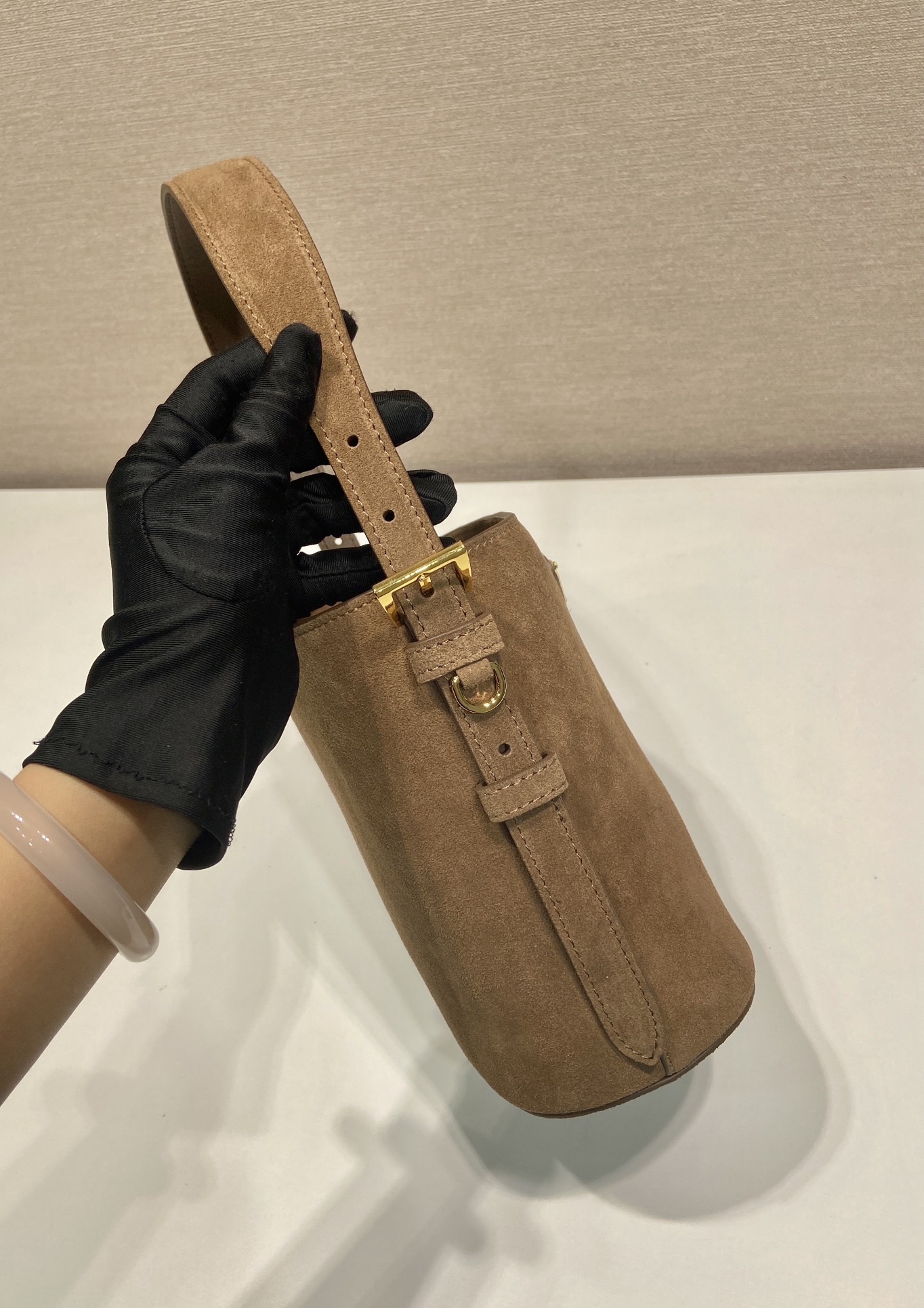 Pra*a cinnamon suede mini bucket bag-1be078a-31*18*10cm