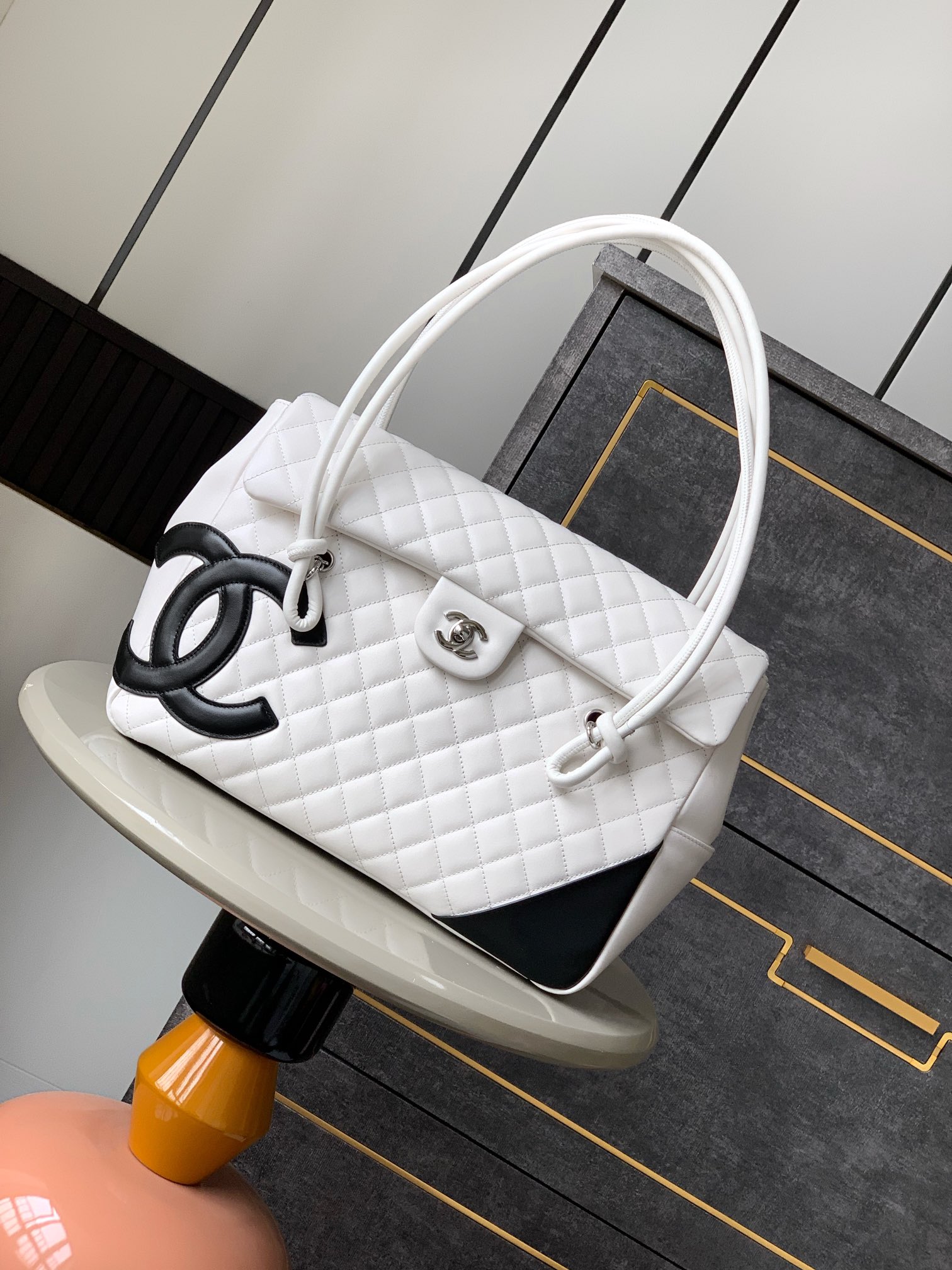 Ch@nel White/Black Quilted Cambon Ligne Large Flap Tote-33x24x11CM