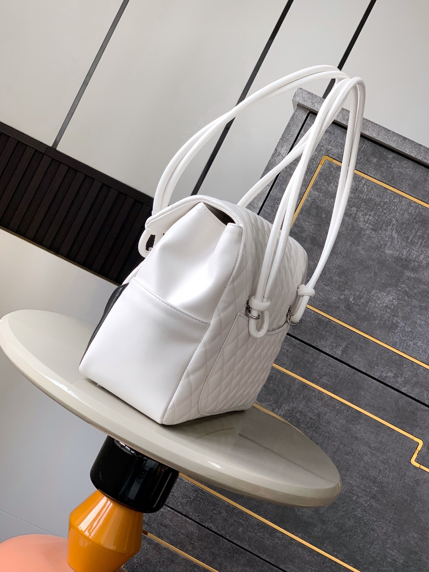 Ch@nel White/Black Quilted Cambon Ligne Large Flap Tote-33x24x11CM