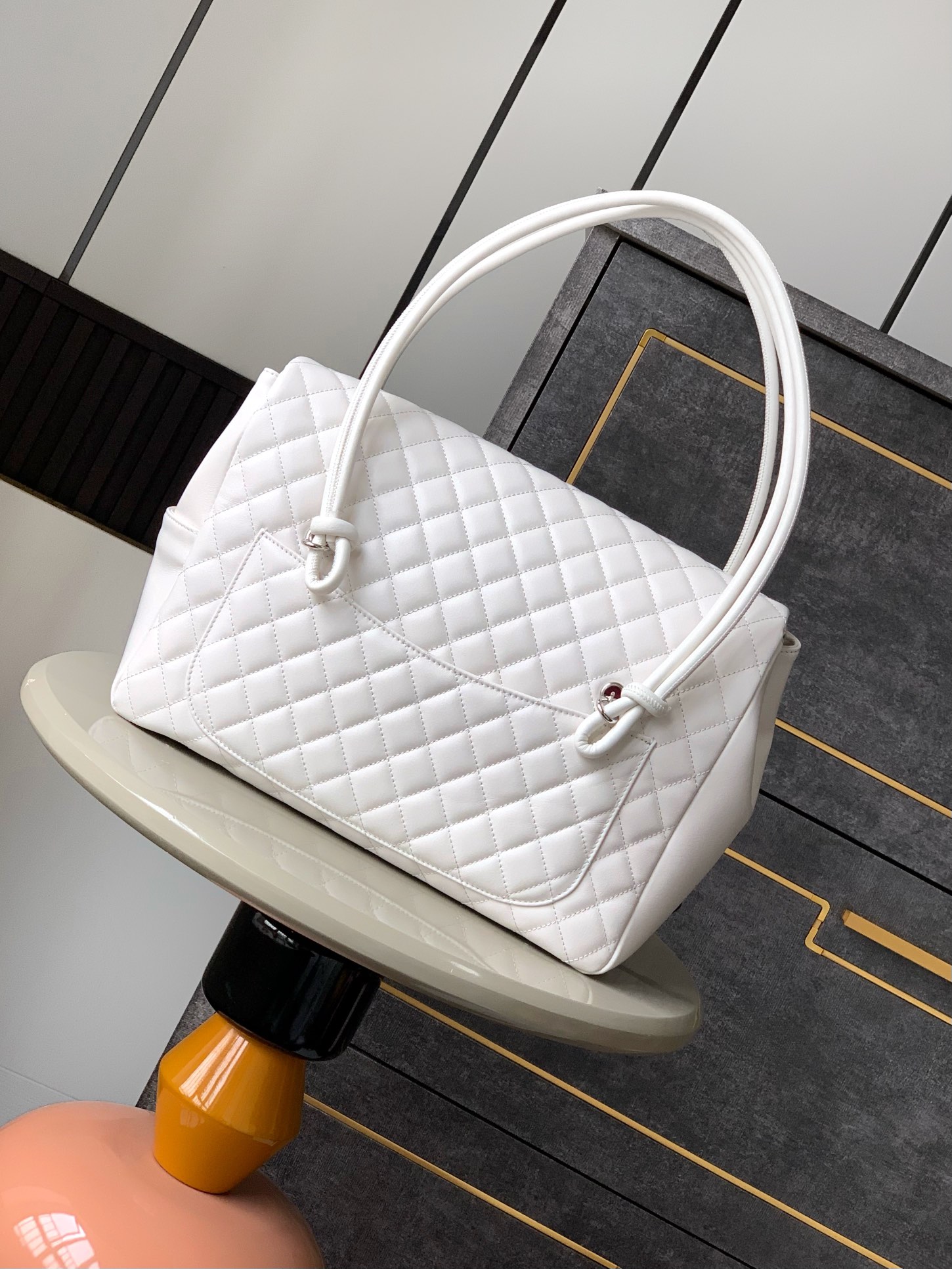 Ch@nel White/Black Quilted Cambon Ligne Large Flap Tote-33x24x11CM