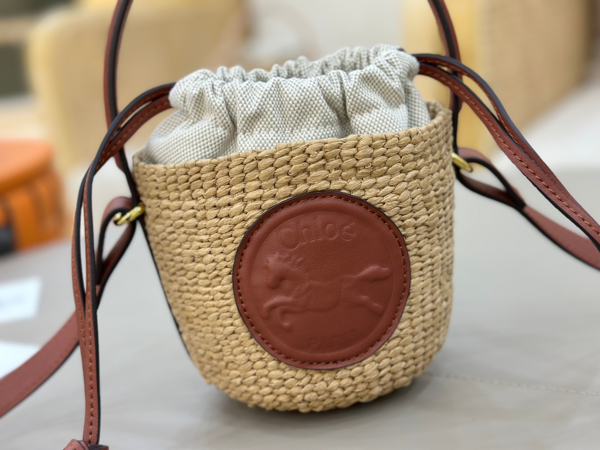Chloé Mini Horse Medal Basket In Natural Fibers-14x12.5x14CM