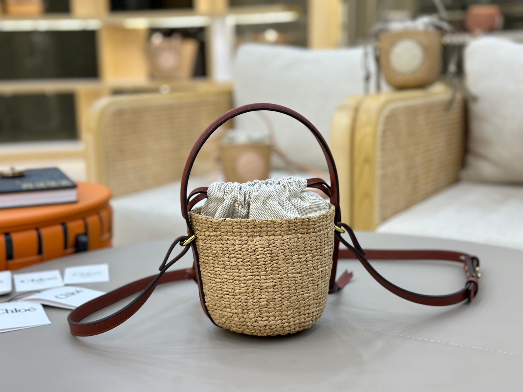 Chloé Mini Horse Medal Basket In Natural Fibers-14x12.5x14CM