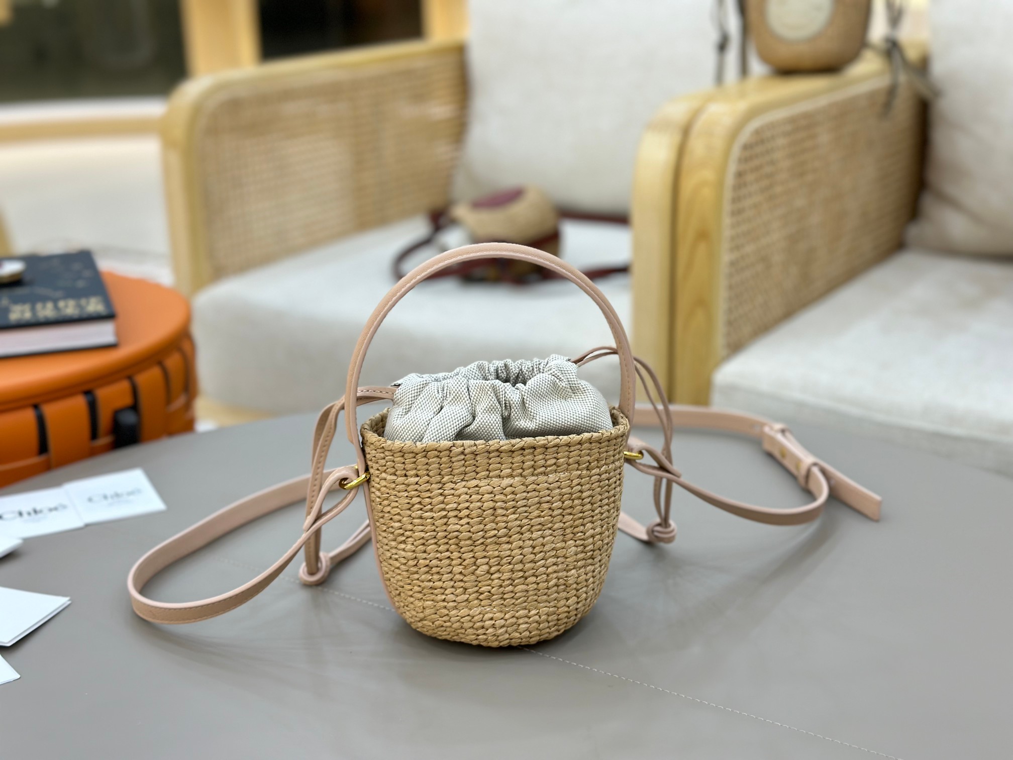 Chloé Mini Horse Medal Basket In Natural Fibers-14x12.5x14CM
